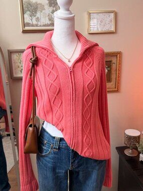 Denver Hayes Coral Cable Knit Zip-Up Sweater